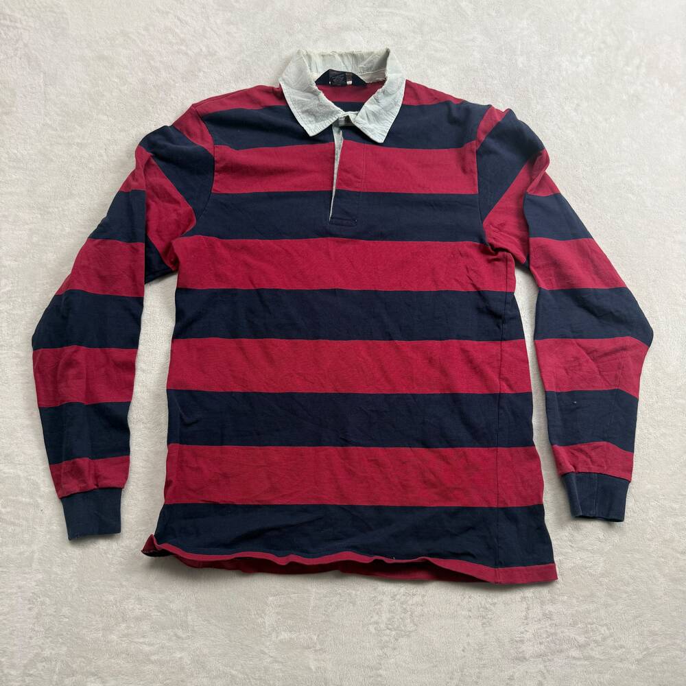 Lands' End Men's Rugby Shirt Burgundy Navy Blue Size M Made in USA Long Sleeve